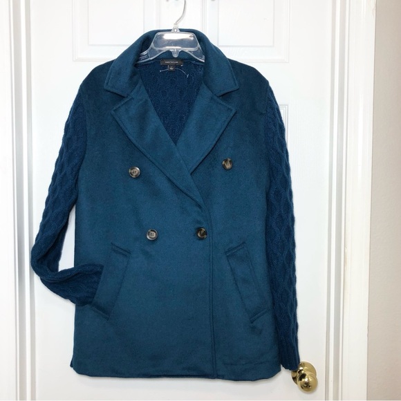 Ann Taylor Wool Blend Mixed Media Breasted Buttoned Blue Cable Cardigan LP - Picture 2 of 16